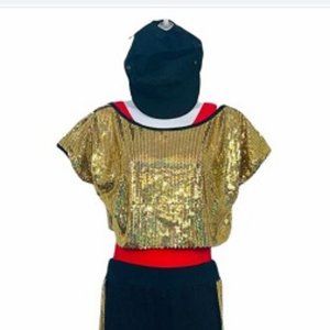 Revolution Dance Costume Medium Child Gold Sequin Red Black with Cap